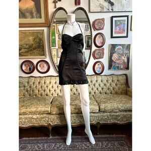 Y2k Black Bebe Halter Babydoll Bodycon Mini Dress w Ruffle Hem Size XS